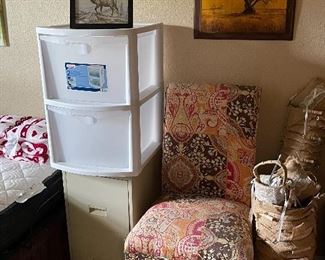 colorful desk chair, storage bins