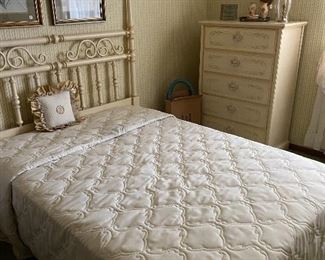 Full Sized bedroom set with mattress and boxsprings, chest of drawers and dresser with mirror