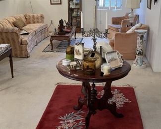 Wool Chinese rug, Royal Doulton on Table, 