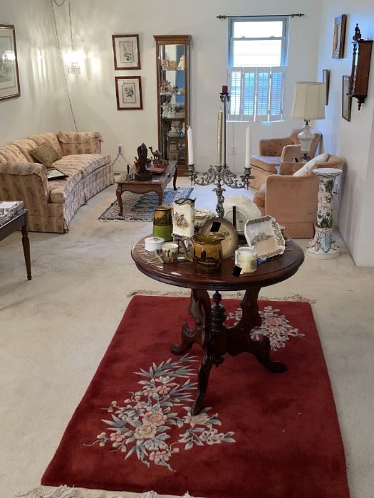 Wool Chinese rug, Royal Doulton on Table, 