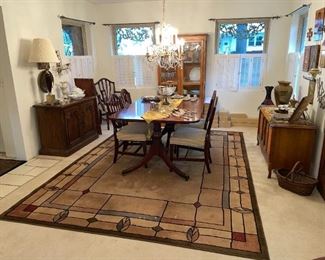 Duncan Phyfe dining room table & chairs, server on left side, MCM stereo