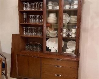 Mid Century Broyhill Premier Division China Cabinet, Vintage Mikasa Bone China Hunter Pattern Japan, Vintage Glass Stemware, Marquis by Waterford Crystal Cross