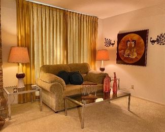 Mid Century Chrome & Glass Coffee & End Tables, Mid Century Partridge Painting signed by Carlson, Mid Century Modern Ceramic Lamps