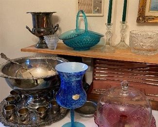 Vintage Rogers Silverplate Punchbowl, Ladle & 12 cups, Heavy Lead Crystal Bowl, Vintage Indiana Blue Glass Bowl with Handle, Vintage Rossini Blown Glass Stemmed Vase Italy