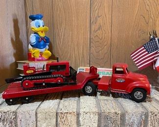 Vintage Tonka Toys 1950’s Truck and Trailer With Bulldozer and loading ramps, Play Pal Plastics Walt Disney Donald Duck Bank 