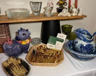 Mid Century Community by Oneida Golden Tangier Pattern Gold Electroplate Flatware, Mid Century Cosmos Gold Plated Flatware Set, Oriental Pitcher& Bowl, Poppy Trail by Metlox Purple Cow Cookie Jar, Crystal Etched Vase signed Stromberg, Pyrex Snack Plates