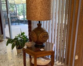 Mid Century Vintage Round Brutalist Lamp, Mid Century End Table