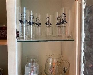 Retro Ned Smith Game Bird Highball Lowball Glasses & Pitchers, Vintage Presidential Pilsner Glasses
