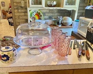 Vintage Stainless Knife Set, Vintage Pink Whitehall Cubist Glasses