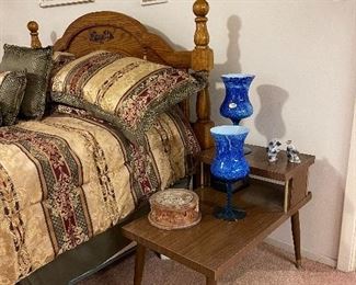 Solid Wood Queen Bed, Mid Century End Tables, Vintage Incolay Stone USA Jewelry Box
