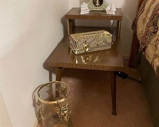 Retro Vintage Gold Metal Trash Can & Kleenex Holder, 1950’s Mastercrafters Bakelite Clock-Green with girl on swing