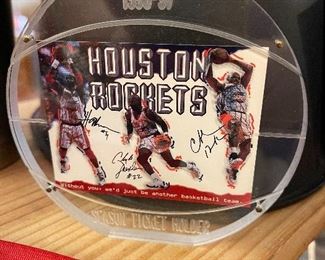 1996-97 Houston Rockets Season Ticket Holder Framed Card Autographed by Clyde Drexler, Hakeem Olajuwon and Charles Barkley