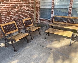 Patio set - bench , table & 2 chairs - metal & wood