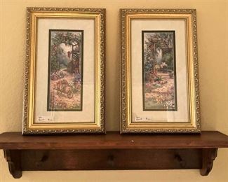 Coordinating framed prints; coat hook shelf