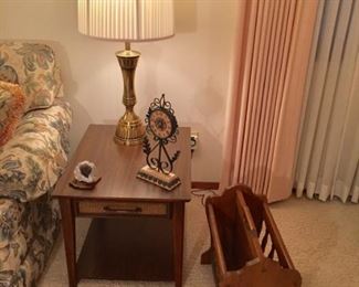 Solid Wood End Table, Beautiful Brass Lamp, Wood Magazine Rack