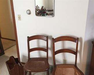 Two Nice Cane Seat Chairs, Solid Wood Magazine Holder, Vintage Mirror