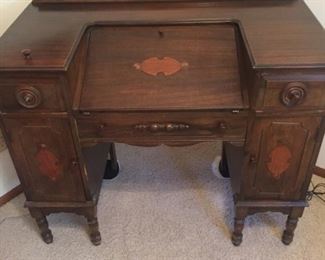 Vintage Solid Wood Desk - Drop Down Closes to Reveal Beautiful Inlay, Carved Detail