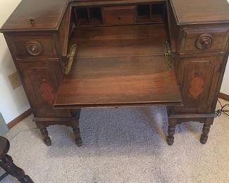Vintage Solid Wood Desk with Drop Down Writing Surface, Pocket Drawers, Carved Detail