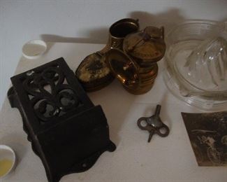 Cast iron match box holder, reamer, old brass shoe