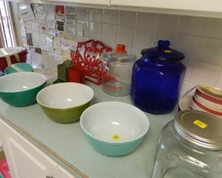 Vintage mixing bowls, jar, peanut jars.  SOLD