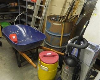 Wheel barrow SOLD, cooler, vacuums, yard tools, ladders.