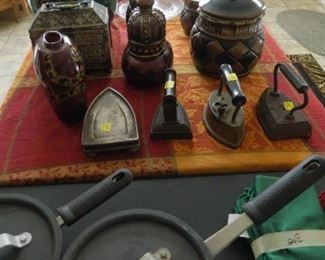 Decorative items, cooking pots, OLD cast iron IRONS. 