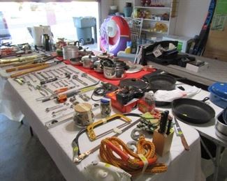 Garage tools, Craftsman wrenches, saws, electric drills, cast iron skillets, yard tools etc.