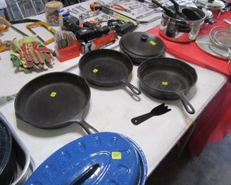 Iron skillets, pots and pans & tools.