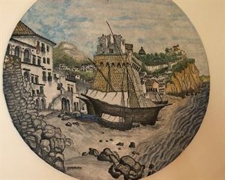 Large hand painted terra cotta disk