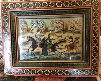 Gorgeous hand painted scenes on bone with hand made inlay frames