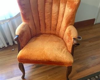 Really fun 50’s chair with orange crush velvet!  I found a matching pillow today but forgot to take a picture of the pillow with the chair.  