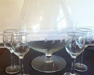 Frosted Leaf Cordial Glasses and Pitcher