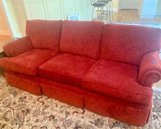 #22- Nice red chenille sofa- 80w x 30t @ back, 17 @ seat x 26d- $200