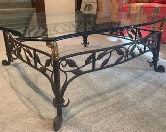 #36- Glass and Iron coffee table with brass accents-  42 x 42 x 16t- $160