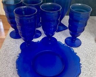#49- Cobalt blue glassware- 1 vase, 6 glasses and 2 plates- $40