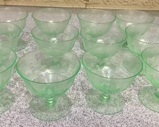 #54- 12 Uranium Glass dessert bowls with etch flower details- $48