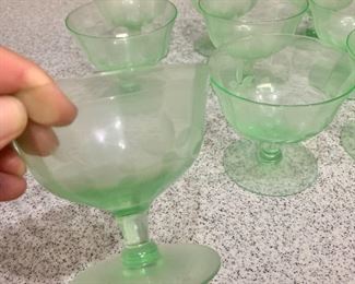#54- 12 Uranium Glass dessert bowls with etch flower details- $48