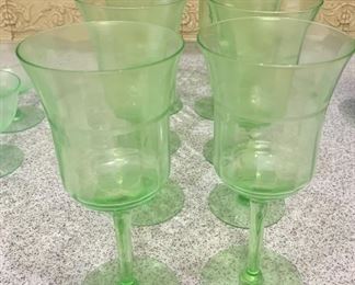 #55- 8 Uranium Glass wine glasses with etched flowers- $32