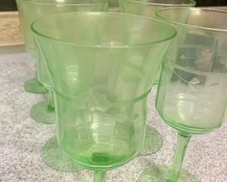 #55- 8 Uranium Glass wine glasses with etched flowers- $32
