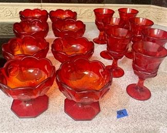 #59- Red glassware- 7 wine glasses and 8 bowls- $30