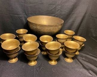 Gold Tone Metal Bowl and 23 Pedestal Goblets