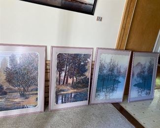 Collection of four mauve matted and framed prints $200