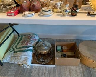 Quilt. Silverplate, cheese box.