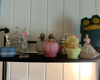 Cosmos antique oil lamps. Fenton burmese fairy lamp.