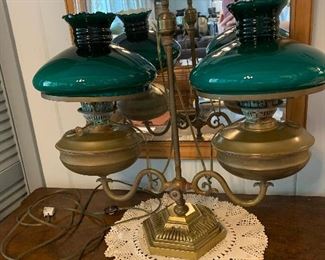 RARE double student lamb converted oil to electric lamp. Original cased glass green shades. Stunning!