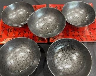 125 Black Ceramic Soup Bowls and Laquer Serving Plates