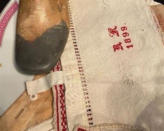Vintage Linens and Vintage Wooden Shoe Form