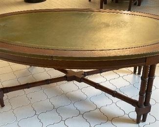 $195    13/ Drexel Grand Palais oval green leather coffee table brass band, Bamboo style legs •  17high 46 wide 28 deep