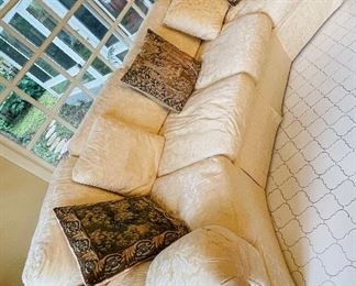 $275    17/ Drexel Heritage cream damask sofa (one
stain on arm) •  40high 126wide 48deep