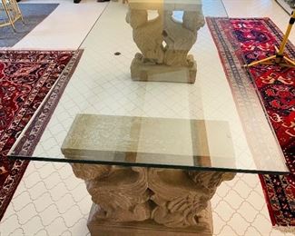  $595    32/ Stone base table with ¾” glass top, all four edges
damaged  •  31high 72wide 36deep   •  heavy bases